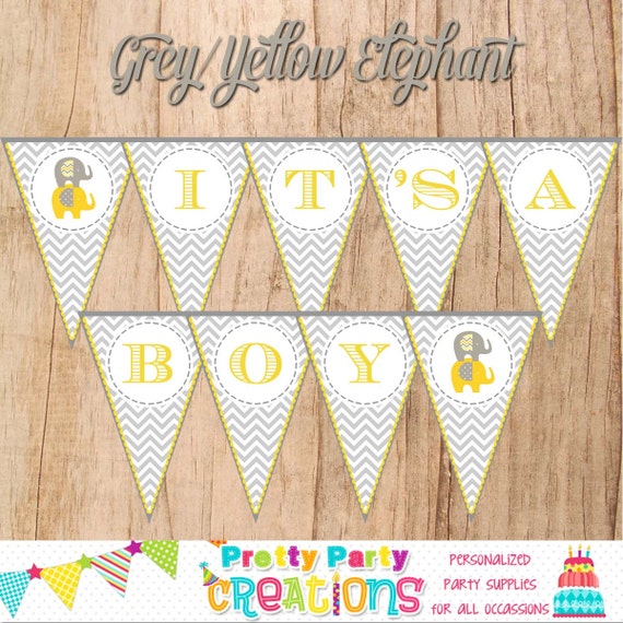 Grey/Yellow ELEPHANT Printable Pennant banner - birthday or baby shower - You Print Il_570xn