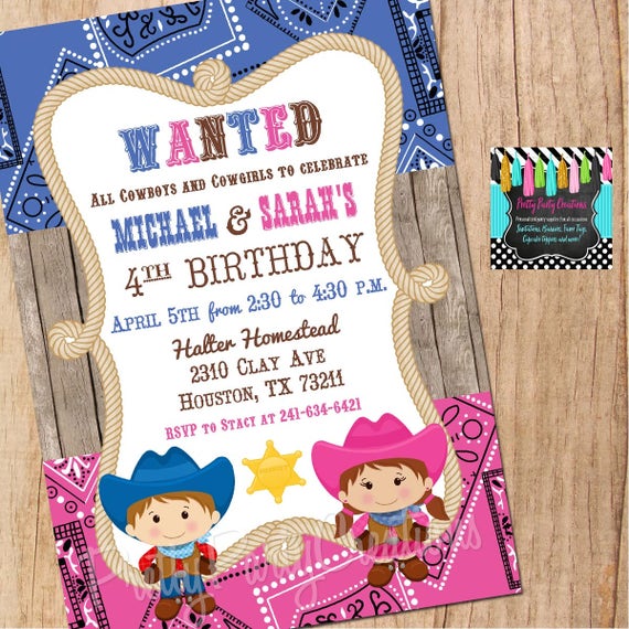 Co-ed Cowboy - twins or siblings - invitation - YOU PRINT Il_570xn