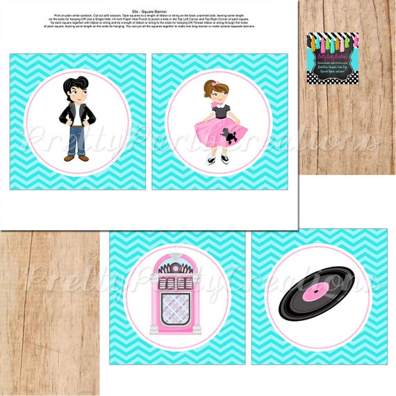 50s sock hop square banner 5x5 inch squares you print happy