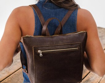 Full Grain Leather Backpack Purse, Adjustable Strap Travel Bag, Zipper Rucksack