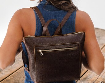 Full Grain Leather Backpack Purse, Adjustable Strap Travel Bag, Zipper Rucksack