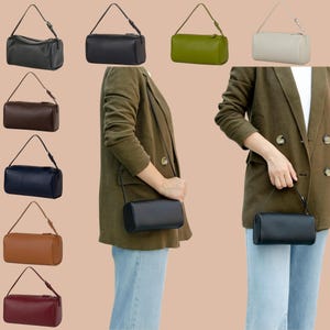 Full Grain Leather Barrel Hobo Bag, Minimalist Everyday Shoulder Handbag