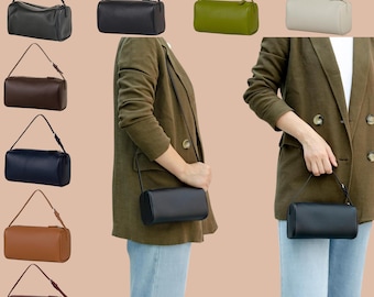 Full Grain Leather Barrel Hobo Bag, Minimalist Everyday Shoulder Handbag