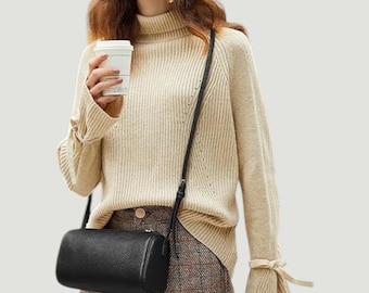 Genuine Leather Cylinder Crossbody Bag, Minimalist Everyday Shoulder Handbag