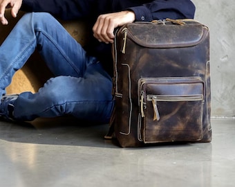Vintage Buffalo Leather Laptop Backpack, Unisex Travel Work Bag Fits 15.6 Inch