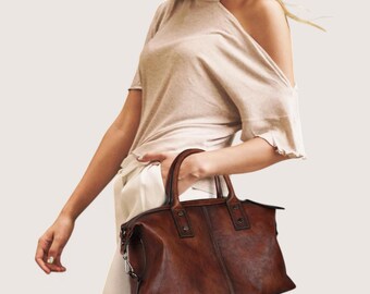 Genuine Leather Satchel Tote Bag, Vintage Top Handle Crossbody Purse, Large Capacity Shoulder Handbag