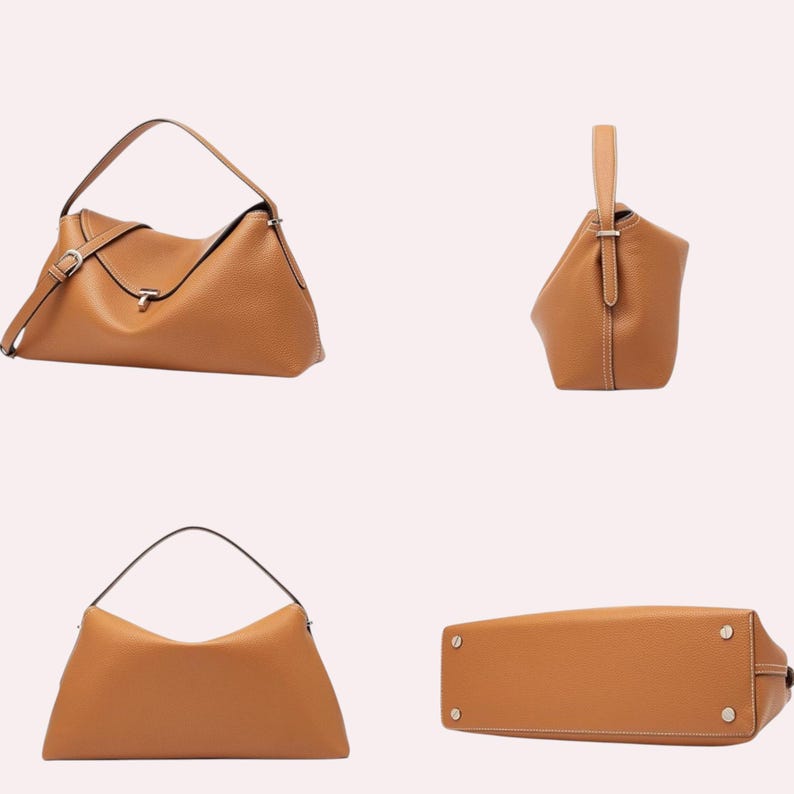 May include: A set of four images showcasing a tan leather handbag. The bag has a top handle and a shoulder strap. The bag has a flap closure with a silver-tone clasp. The bag is made of textured leather.