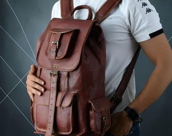 Large Handmade Leather Backpack, Vintage Travel Rucksack, 24 Inch Laptop Bag