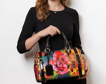 Genuine Leather Floral Print Shoulder Bag, Patent Crossbody Tote Everyday Fashion Purse