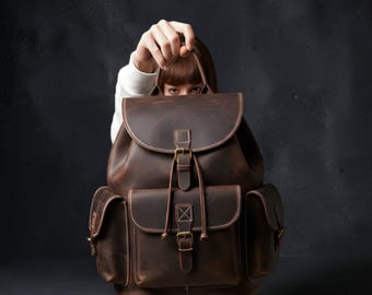 Handmade Genuine Leather Vintage Backpack, Travel School Rucksack for Men Women
