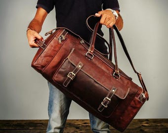 Weekender Travel Bag Full Grain Leather, Vintage Carry On Duffel