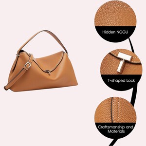 May include: A tan leather handbag with a top handle and a detachable shoulder strap. The bag features a T-shaped lock and visible stitching. The image also highlights the craftsmanship and materials.