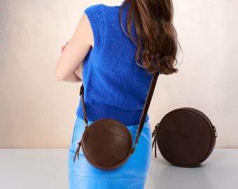 Full Grain Leather Round Crossbody Bag, Minimalist Shoulder Bag