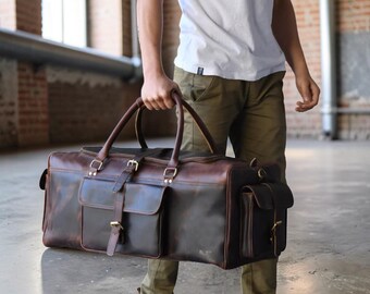 Full Grain Buffalo Leather Duffle Bag, Vintage Travel Weekender Gym Duffel