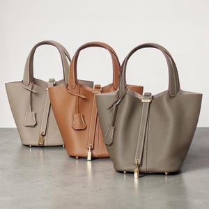 Leather Lock Bucket Bag for Women, Genuine Cowhide Satchel Handbag with Gold Hardware