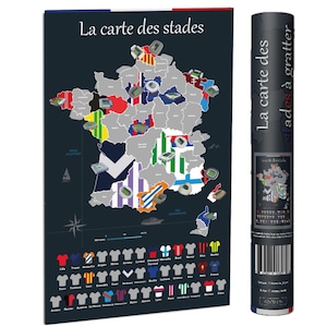 May include: A dark blue map of France with colorful stadium illustrations, titled "La carte des stades." A rolled-up poster with the same map design is next to it. The map includes team jerseys and a scratch-off feature.