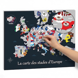 May include: A dark blue scratch-off map of Europe, featuring flags and stadium illustrations. A close-up shows stadiums in the Augsburg, Fribourg, and Salzburg areas. The text "La carte des stades d'Europe" is at the bottom of the map.
