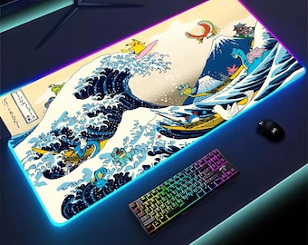 Great Wave RGB-gamingmuismat, Japanse anime-bureaumat Wave, grote XXL led-muismat, Kawaii Poke Gaming-configuratie