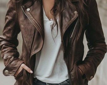 Women’s Classic Lapel Leather Jacket – Vintage Brown Style