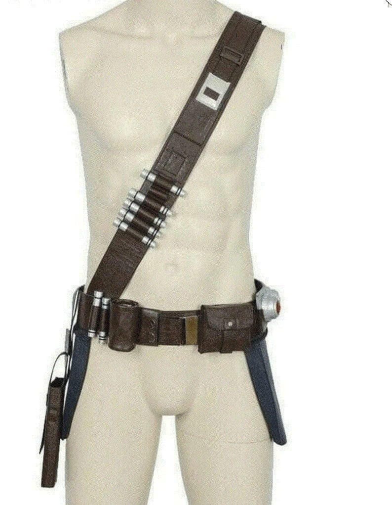 May include: A brown utility belt and shoulder strap set featuring a series of silver-toned cylindrical canisters attached to the strap and belt, a rectangular pouch, a holster, and a metallic buckle detail worn on a torso mannequin display.
