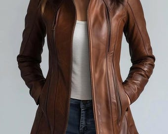 Vintage bruine leren blazer | Damesjas van echt leer met opstaande kraag