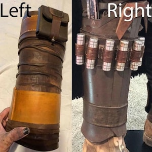 May include: A side-by-side comparison of two brown leather leg guards. The left guard features a smooth tan band and a small pouch. The right guard is labeled Right and displays a series of metallic silver cylindrical components attached to the leather.