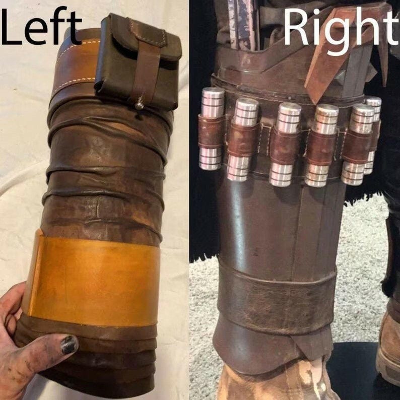 May include: A side-by-side comparison of two brown leather leg guards. The left guard features a smooth tan band and a small pouch. The right guard is labeled Right and displays a series of metallic silver cylindrical components attached to the leather.
