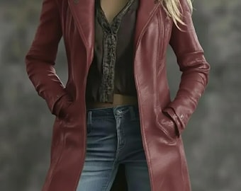 Maroon Leather Long Trench Coat for Women | Biker Moto Duster Jacket | Mid-Length Overcoat