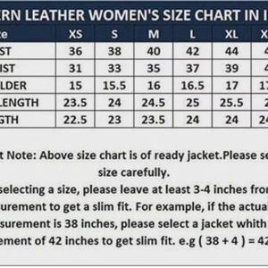 May include: A size chart for western leather jackets, displaying measurements in inches. The chart includes bust, waist, shoulder, sleeve length, and length measurements for sizes XS to XXXL. Important notes are included.