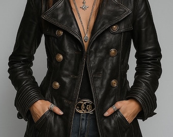 Vintage Black Faux Leather Jacket | Double-Breasted Women’s Coat | Classic Retro Style