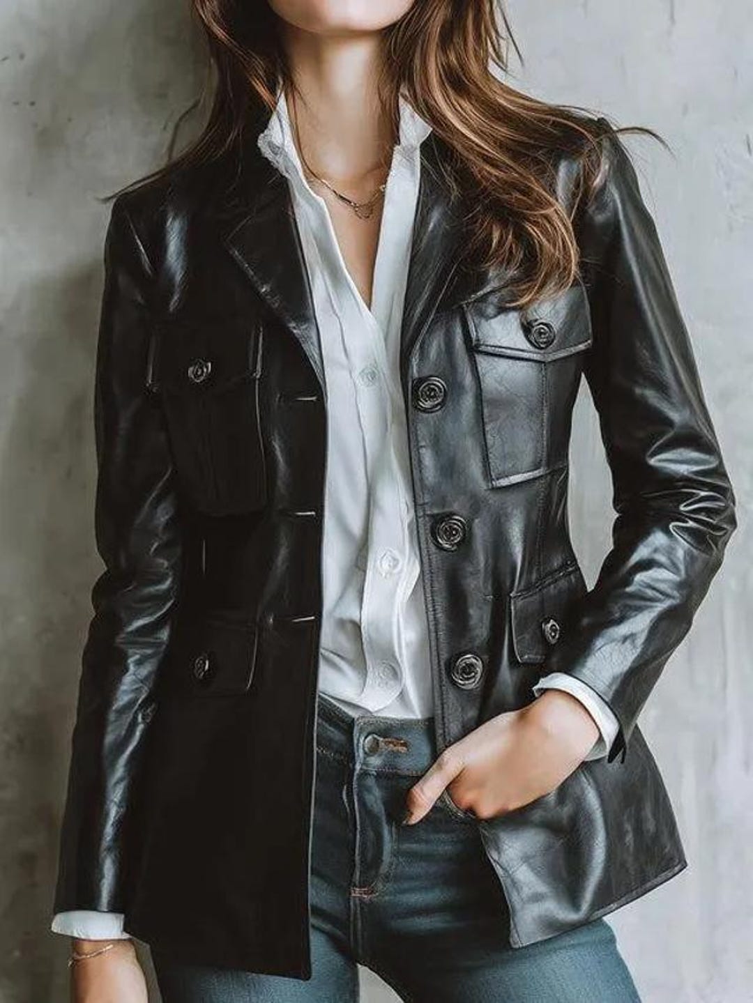 Blazer Femme Élégant Long à Manches 3/4 - Veste Décontractée Revers Dentelé Pour Travail, Printemps Et Cérémonie