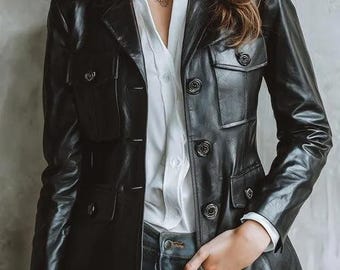 Women’s Black Eco Leather Blazer | Tailored Faux Leather Jacket | Elegant Workwear Coat