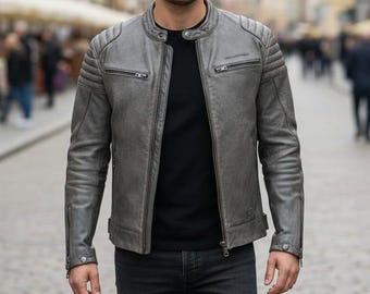Grey Lambskin Biker Jacket Men's, Vintage Slim Fit Moto Leather Jacket, Handmade