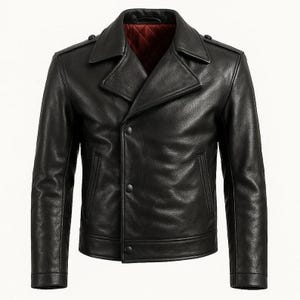 Könnte beinhalten: Schwarze Lederjacke mit doppeltem Brustdesign. Sie hat einen Reverskragen, zwei Vordertaschen und Knopfverschlüsse. Das Innenfutter ist aus gestepptem rotem Stoff. Die Jacke hat einen klassischen, zeitlosen Stil.