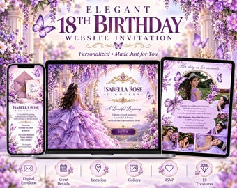 Website-Einladung zum 18. Geburtstag, Lila Debüt-E-Einladung, personalisierte Antwortkarte, 18 Rosen, Kerzen, Schätze