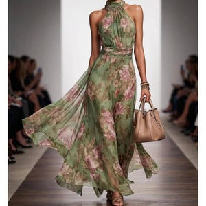 May include: A flowing, halter-neck maxi dress in shades of green and pink floral print. The dress features a cinched waist and a long, flowing skirt. A tan handbag is held in the hand. The dress is worn with gold sandals.
