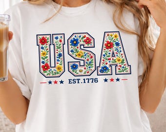 Floral USA Shirt, 4th of July Floral Tee, Patriotic USA Shirt, America Est 1776 Shirt, Retro USA Tee DB429