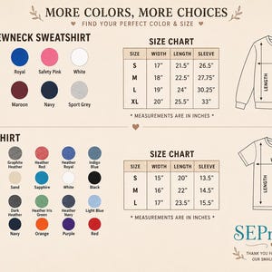 May include: A product image with a size chart for youth crewneck sweatshirts and t-shirts. The chart includes measurements in inches for width, length, and sleeve length. Color options are also displayed, including black, red, and navy.