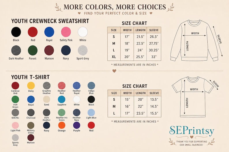 May include: A product image with a size chart for youth crewneck sweatshirts and t-shirts. The chart includes measurements in inches for width, length, and sleeve length. Color options are also displayed, including black, red, and navy.