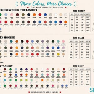 May include: A chart displaying color options and size charts for adult unisex crewneck sweatshirts, hoodies, and t-shirts. Measurements are in inches. The chart includes a variety of colors and size specifications for each garment type.