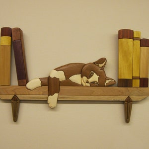 Cat on a Book Shelf,hand carved Intarsia by Rakowoods;gift for cat lovers,home decor, cabin,anniversaries,birthday,Christmas,wood carved art