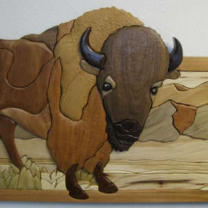 BUFFALO,  INTARSIA hand carved wood by RAKOWOODS, prairie location, gift for cabin owner, birthday, special achievement award, aniversary