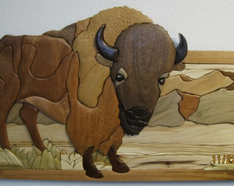 BUFFALO,  INTARSIA hand carved wood by RAKOWOODS, prairie location, gift for cabin owner, birthday, special achievement award, aniversary