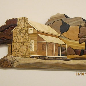 Cabin in the Meadows, Intarsia carved by Rakowoods, PRICE REDUCED wood carved gift for birthdays,anniversaries;wall decor for home,cabin.