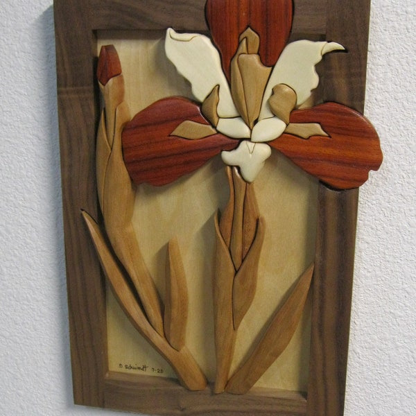 IRIS RED,hand Intarsia carved by Rakowoods, hand wood carved,birthday gift, cabin decor,popular flower gift,home, office or den