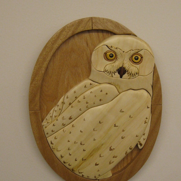 WHITE SNOWY OWL  Intarsia wood carving, wall decor gift, Unique Birthday Present, natural wood tones no stains, hand rubbed finish,