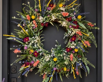 Pastel Wildflower Wreath, Colorful Summer Wreath, Artificial Summer Spring Wreath, Rainbow Flower Wall Wreath, Housewarming Gift