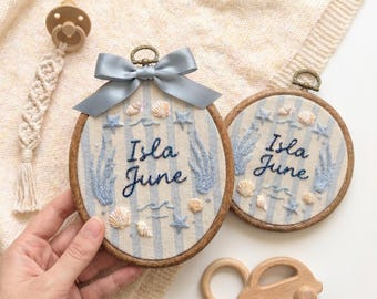 Personalized Coastal Baby Name Sign, Custom Ocean Nursery Name Hoop, Hand Embroidered Seashell Baby Wall Decor, Baby Nursery Wall Art