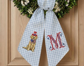 Banda personalizada para perros con diseño de EE. UU., lazo bordado a medida para ramo, decoración para puerta principal con monograma, lazo patriótico para corona, colgador de puerta a cuadros.