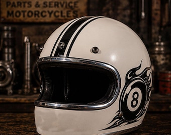 Casco da moto Gringo 8 Ball Flame / Stile Cafe Racer Vintage, design Rock N Roll